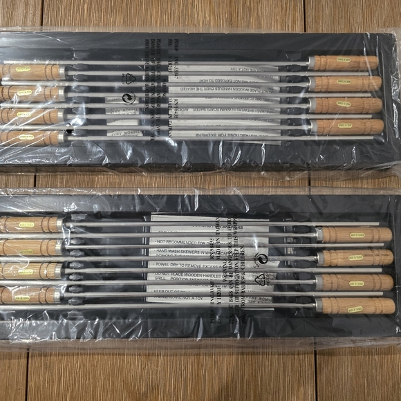 unbranded Other - Barbecue Skewers 14'' Steel Outdoor BBQ Grill Kebab Stick Wood Grip 2 Packs